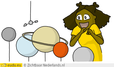 Een meisje kijkt enthousiast naar planeten.