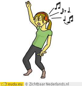 Een meisje danst op muziek
                en speelt luchtgitaar.