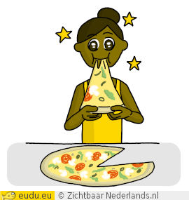 Een meisje kijkt extatisch
                wanneer ze een pizza eet.