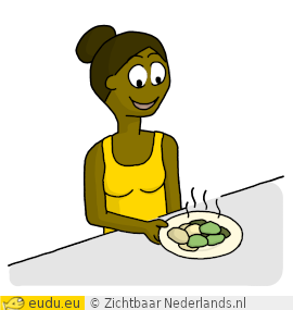 Een meisje is blij met het
                eten.