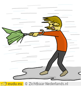 Het regent
                hard en het stormt.