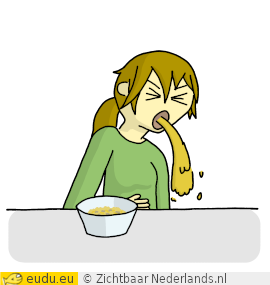 Een meisje moet overgeven
                nadat ze het eten geproefd heeft.