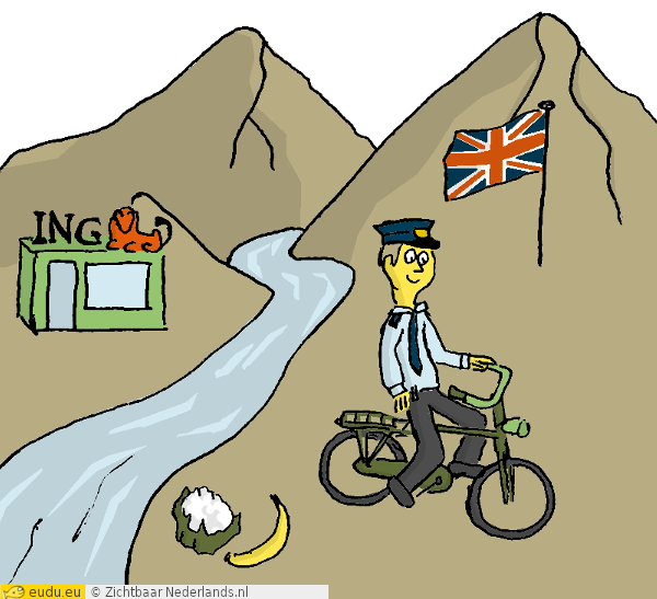 Bergen, een rivier, een agent op een fiets, een ING-bank, groente, fruit en een Britse vlag.