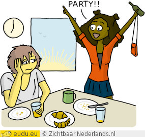 Het is ochtend, het ontbijt staat nog op tafel en een meisje is klaar om naar een club, bar of disco te gaan met een fles in haar hand.