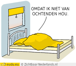 Iemand ligt in bed onder de deken. Ze zegt: Omdat ik niet van ochtenden
hou.