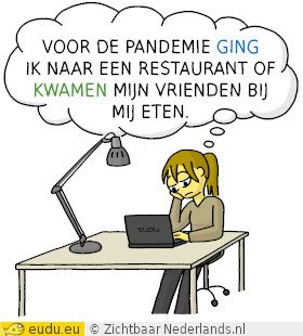 Een meisje zit achter haar bureau en denkt: Voor de pandemie ging ik naar
een restaurant en kwamen mijn vrienden bij mij eten.