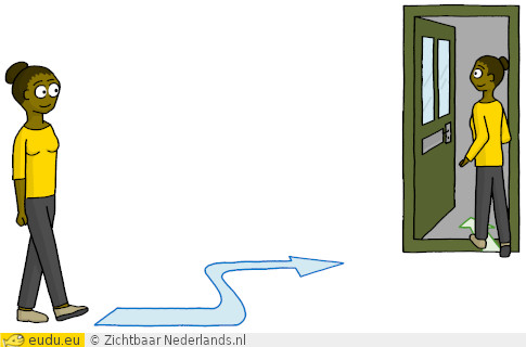 Een meisje loopt in de richting van haar huis. Een meisje komt het huis
binnen.
