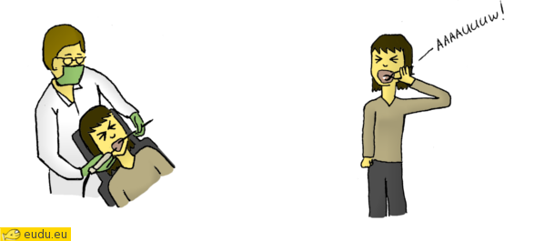 Links: een tandarts die een kies trekt. Rechts: een meisje dat zelf haar kies trekt.