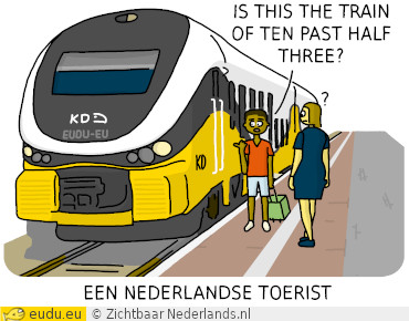 Een Nederlandse toerist wijst naar een trein en zegt: Is this the train of ten past half three?