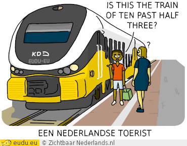 Een Nederlandse toerist wijst naar een trein en zegt: Is this the train
of ten past half three?