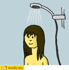 Een meisje staat onder de douche.